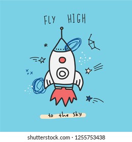 Space poster print with rocket, stars and space. Can be used for t-shirt, clothes