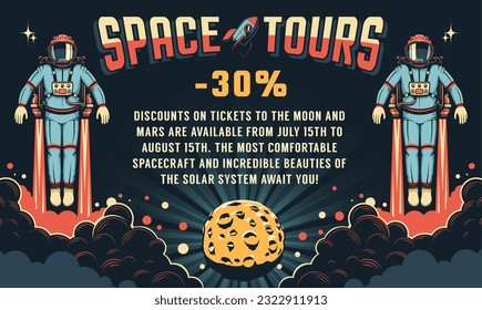 Space poster in retro style with astronauts wearing jetpacks. Vintage poster for space tours. Vector illustration.