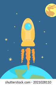 Space poster. Rocket flying into cosmos on background earth and moon. Stars. Flat style