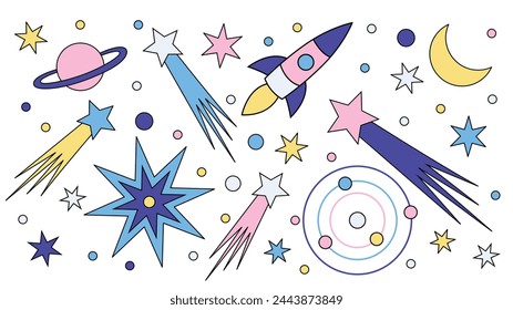 Space poster. Set of abstract isolated objects: planets, rocket, stars, shooting stars, comets, solar system, Saturn, moon. Children's book doodle style illustration. Vector flat cartoon design 