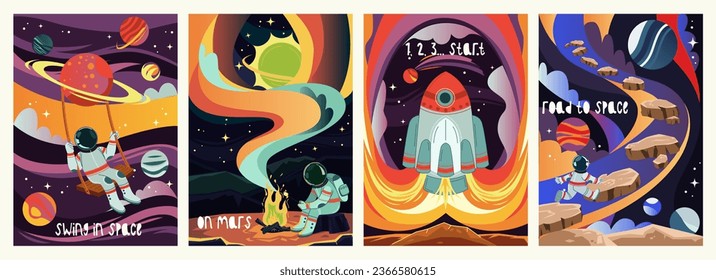 Space poster set. Covers with astronaut in spacesuit, planets, asteroids, rockets, spaceships and stars. Exploration of galaxy or universe. Cartoon flat vector collection isolated on white background