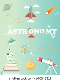 Space poster with set of icons rocket, planet, telescope, microscope, comet ufo