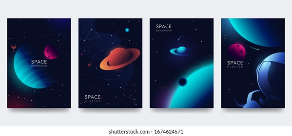 Space poster set. Outer space background with place for text. Cosmos scenes with planets, stars, comets. Vector illustration of galaxy. Greeting card collection in sci-fi style.