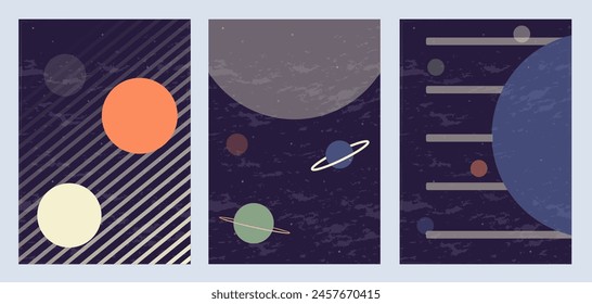 Space poster set. Outer space wall art collection. Cosmos scenes with planets. Abstract vector illustration of galaxy. 