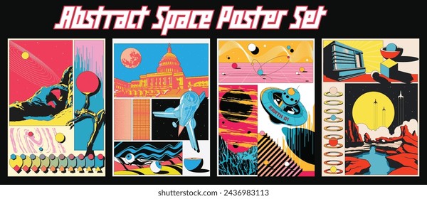 Space Poster Set. Planetary Panorama, Landscapes, Spacecraft, Abstract Dimensions Geometry Forms 