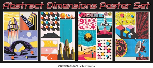 Space Poster Set. Spacecraft, Landing Module, Probe, Alien Planets, Panorama, Landscapes, Skyscrapers, Geometric Shapes Abstract Backgrounds 
