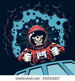 Space poster with skull astronaut in vintage style. Skeleton pilot at the helm against backdrop with black hole. Vector illustration.