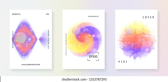 Space poster. Starry science template set with planets, sun, deep fluid light. 3d magic dreamer unicorn sparkles. Holographic gradients. Space poster with galaxy universe shapes and stars.