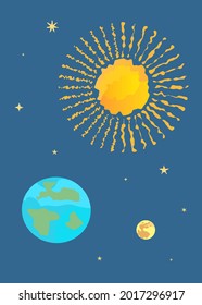 Space poster. Sun, earth, moon with stars in cosmos. Galaxy. Flat style. Dark background