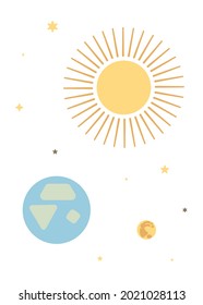 Space poster. Sun, earth, moon with stars in cosmos. Flat abstract style. White background. Wallpaper