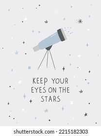 Space poster with telescope and lettering