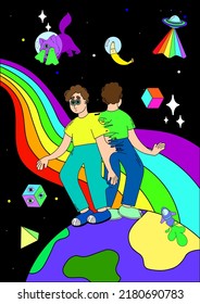 Space poster. Vector crazy illustration. Magic mushrooms, cosmos, techno, acid, trippy style. Psychedelic poster. Surrealism