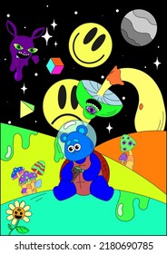 Space poster. Vector crazy illustration. Magic mushrooms, cosmos, techno, acid, trippy style. Psychedelic poster. Surrealism