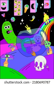 Space poster. Vector crazy illustration. Magic mushrooms, cosmos, techno, acid, trippy style. Psychedelic poster. Surrealism