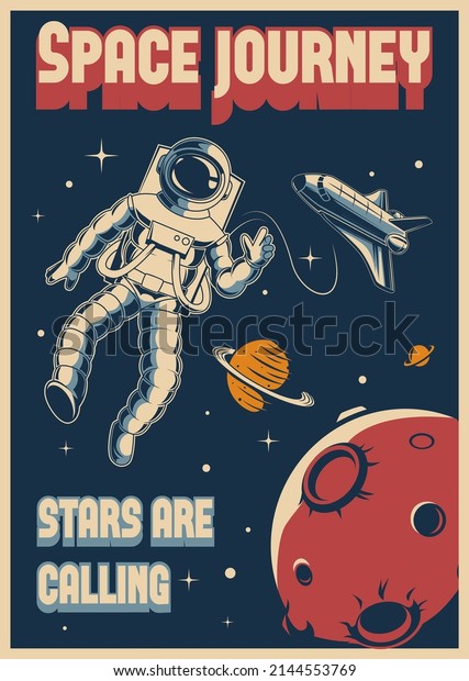 Space poster. Vintage postcard with outdoor mars\
exploration on flying rocket shuttle exact vector templates with\
place for text