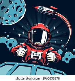 Space poster in vintage style. Astronaut pilot at the helm against backdrop of rocket taking off and planet with craters. Vector illustration.