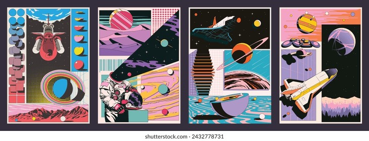 Space Posters. 3D Effect Abstract Dimensions. Spacecraft, Astronaut, Planets, Landscapes. Geometric Shapes, Abstract Backgrounds