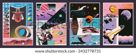 Space Posters. 3D Effect Abstract Dimensions. Spacecraft, Astronaut, Planets, Landscapes. Geometric Shapes, Abstract Backgrounds