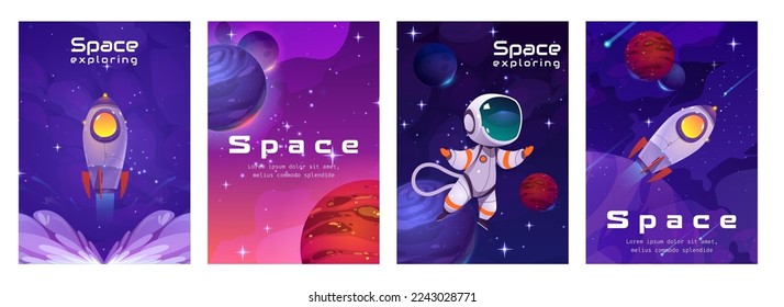 Space posters with astronaut, rocket and planets on background of universe with stars. Concept of cosmos exploring and travel with cosmonaut and spaceship launch, vector cartoon illustration