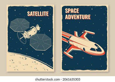 Space posters, banners, flyers. Vector Concept for shirt, print, stamp, overlay or template. Vintage typography design with satellite dishes, space rocket and mountain silhouette.