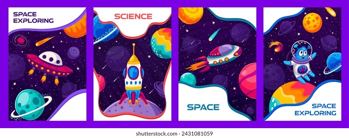 Afiches espaciales. Caricatura de personajes alienígenas, cohete, nave espacial y nave espacial y galaxia estrellada con planetas y estrellas. Tarjetas vectoriales con paisaje cósmico de fantasía para exploración interestelar o expedición