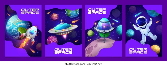 Space posters, cartoon rocket launch from Earth, ufo saucer, astronaut and planets in galaxy. Vector backgrounds with spacecraft travel in Universe, explore cosmos and fantasy alien world with stars