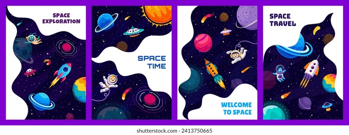 Space posters with cartoon spaceship and starship, kid astronauts and alien UFO, vector background. Galaxy planets and stars, kid spaceman on rocket spaceship with comets and asteroids in starry sky