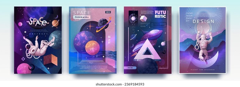 Space posters design. Future galaxy. Science and astronaut flight. Planets and 3D geometric shapes. Psychedelic cosmos man. Universe discovery banners set. Vector abstract backgrounds