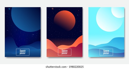 Space posters in flat style. Modern cover concept. Cosmos art. Modern abstract vector set. Graphic color background. Web banner, wallpaper. Vector illustration. Traveler universe.