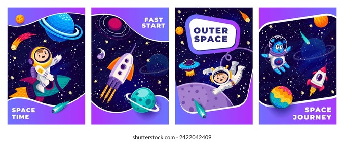 Space posters and flyers. Astronauts, alien and rocket spaceship between galaxy space planets and stars. Galaxy travel vector banners with kid astronaut and alien cheerful personages flying in galaxy