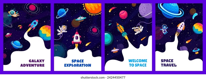 Space posters and flyers. Cartoon kid astronauts, alien characters, rocket spaceship launch and starry galaxy landscape with planets and stars. Vector cards with cute cosmonauts soar in weightlessness