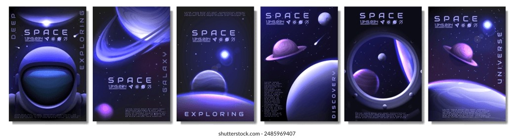 Space posters. Galaxy exploration. Astronaut spacesuit helmet. Stars and planets. 3D universe. Outer infinity discovery. Astronomy design with starlight. Vector cosmic banners design set