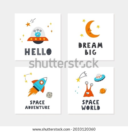 Space posters with hand-drawn cute aliens, planets, stars, moon, UFO and lettering. Vector design for baby room, greeting cards, t-shirts.