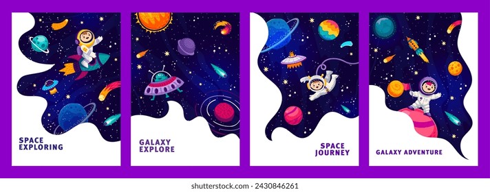 Space posters with kid astronauts and starry galaxy, alien UFO and planets, vector backgrounds. Cartoon kid spaceman on space adventure and galaxy exploration with spaceship shuttle between sky stars