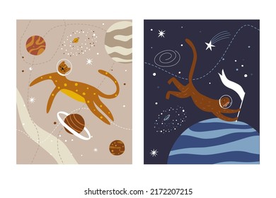 Space posters with leopard and monkey. Decor for a children's room. Postcards or posters on the wall for children