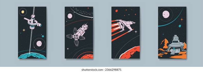 Space posters. Retro spacecraft. Cosmic rockets orbit flight. Vintage spaceship and galaxy drawing. Sky planets. Universe landscapes. Shuttle discovery. Vector illustration banners set