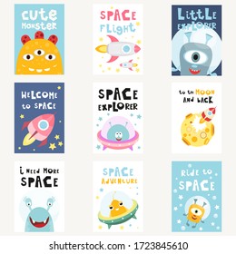 Space Posters Set - Cartoon Aliens and Galaxy Monsters with Shuttles, Rockets and Spaceships. Kids Illustration for Baby Clothes, Greeting Card, Nursery Decor. Vector Illustration.