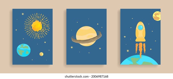 Space posters set. Sun, earth, moon with stars. Planet with rings saturn. Rocket flying into cosmos. Flat style