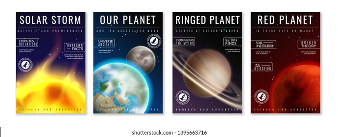 Space posters. Spaceman travelling, astronaut exploring in outer space, universe trip cover fanciful galaxy planetary vector images