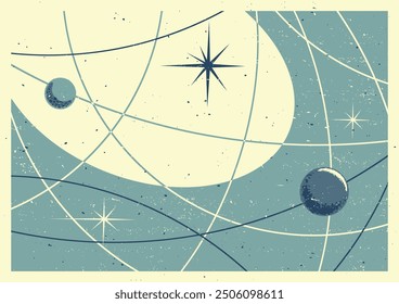 Space Posters Vector Template. Mid Century Modern Space Age Posters Style Background, 1950s - 1960s Colors and Shapes 