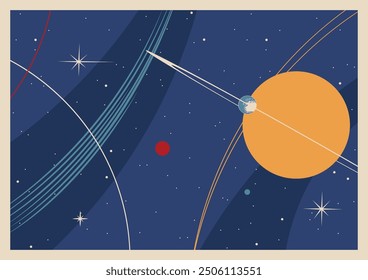 Space Posters Vector Template. Mid Century Modern Space Age Posters Style Background, 1950s - 1960s Colors and Shapes 