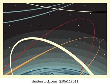 Space Posters Vector Template. Mid Century Modern Space Age Posters Style Background, 1950s - 1960s Colors and Shapes 