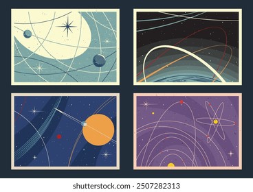 Space Posters Vector Template. Mid Century Modern Space Age Posters Style Background, 1950s - 1960s Colors and Shapes 