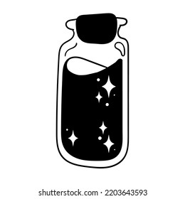 Space Potion In A Round Glass Bottle. Black And White Vector Clipart.