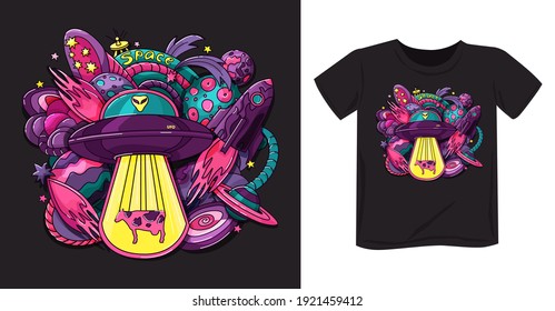 Space print with alien saucer, rocket, planets, stars on clothes, poster, background. Aliens. Vector.