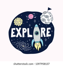 Space print concept. Explore space card with planets, stars and rocket. Cosmic greeting card or print design. Vector illustration