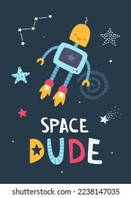 Huella espacial con un lindo robot volador. Afiche cósmico de caricatura con astronauta robot y letras.