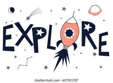 Space print design with slogan. Vector illustration design for fashion fabrics, textile graphics, prints.