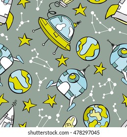 Space print. Rocket, flying saucer, planets and stars. Seamless vector pattern (background).