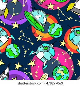 Space print. Rocket, flying saucer, planets and stars. Seamless vector pattern (background).